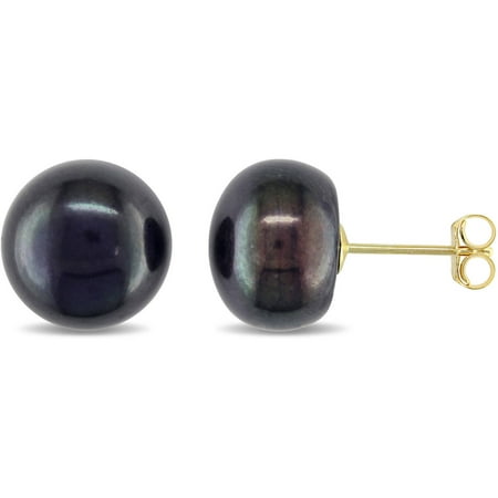 9-9.5mm Black Button Cultured Freshwater Pearl 14kt Yellow Gold Stud Earrings