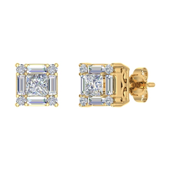 1/2 Carat Prong Set Round, Princess & Baguette Shape Diamond Stud Earrings in 14K Yellow Gold