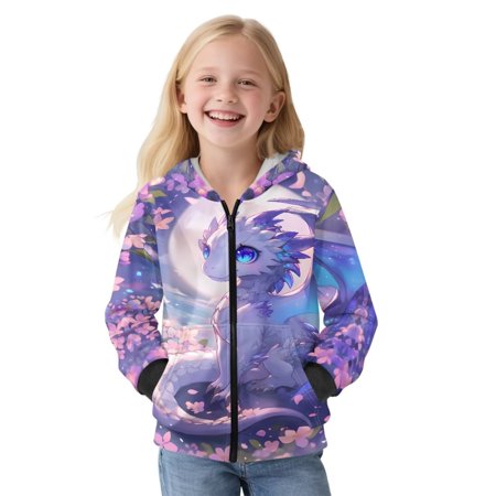 Uorisanigo Zipper Hoodie Sweatshirt Coat for Boys and Girls, Long Sleeve Purple Dragon Flowers Pullover Tops with Pockets for Vacation Shopping Exercise Wear