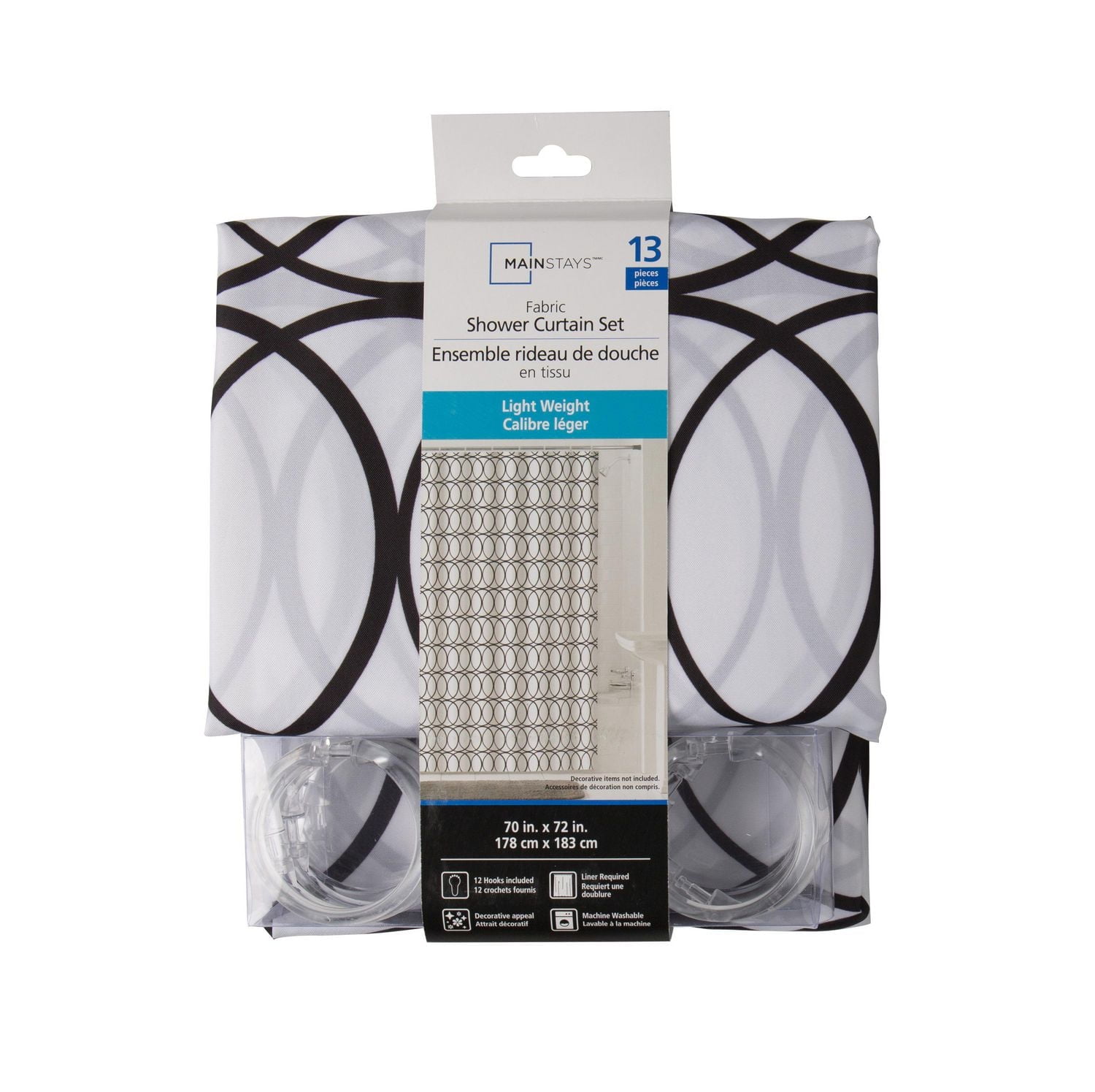 Rideau de douche Mainstays avec 12 crochets : ensemble de douche de 13 pièces