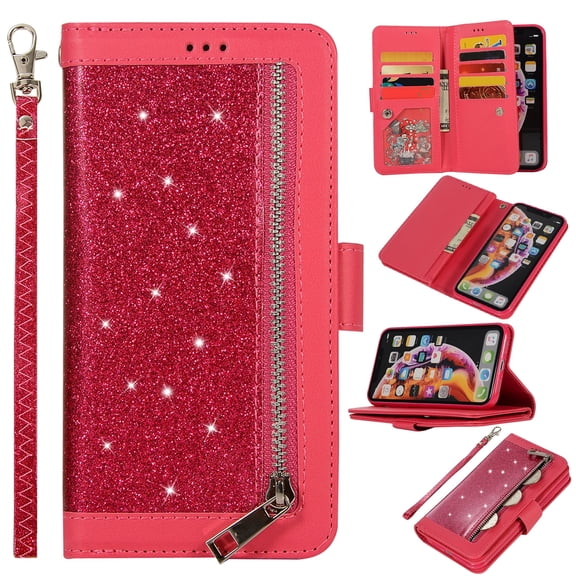 Zipper Wallet Case for iPhone Xr 6.1-inch, Allytech Bling Glitter Leather Case with 9 Credit Card Holder Flip Magnetic Closure Stand Cover with Cash Pocket and Hand Strap, Rose