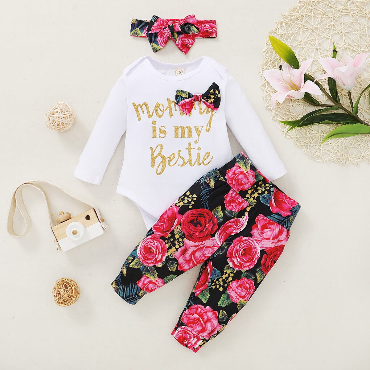 3pcs Baby Girl All Over Floral Print White Long-sleeve Romper and Trousers Set