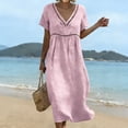 thumbnail image 2 of Domzest Womens Midi Dress Short Sleeve V Neck Linen Look Lace Trim Empire Waist Casual Summer Flowy Beach Vacation Sundress Pink XXL, 2 of 8