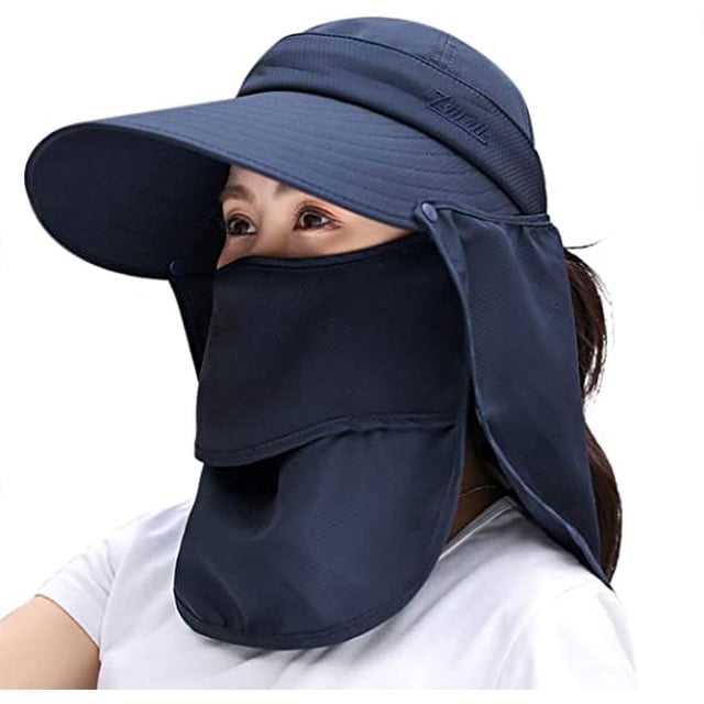 Sombreros de pesca con protección UV y ala ancha para mujer, sombrero de verano plegable con cola de caballo y solapa desmontable (azul oscuro) Sincero Electrónica