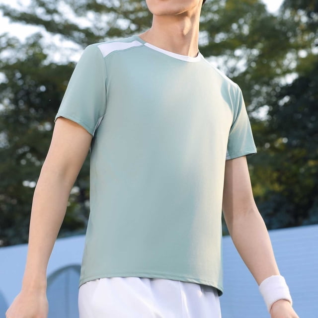 pstuiky Camisas de vestir de manga corta para hombre, Blusa deportiva informal de color liso con cuello redondo y manga corta elástica para hombre camisetas de hombre s