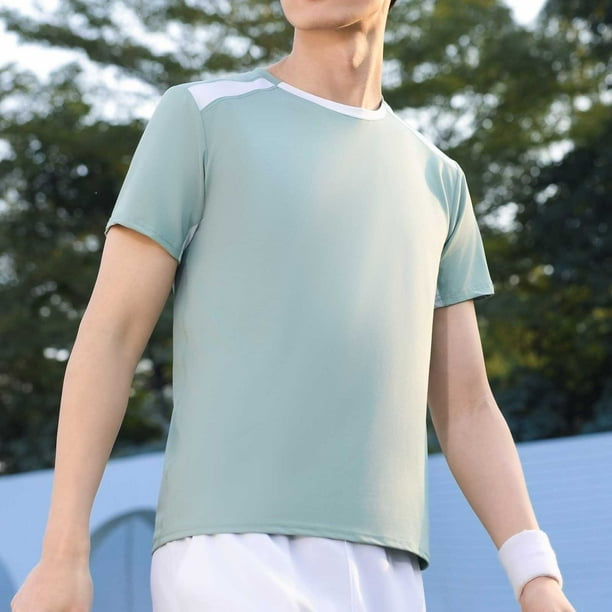 pstuiky Camisas de vestir de manga corta para hombre, Blusa deportiva informal de color liso con cuello redondo y manga corta elástica para hombre camisetas de hombre s