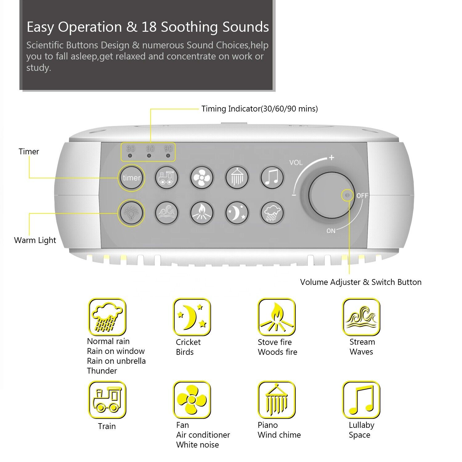 White Noise Machine 18 Sound Warm Night Light Sleep Aid Therapy w