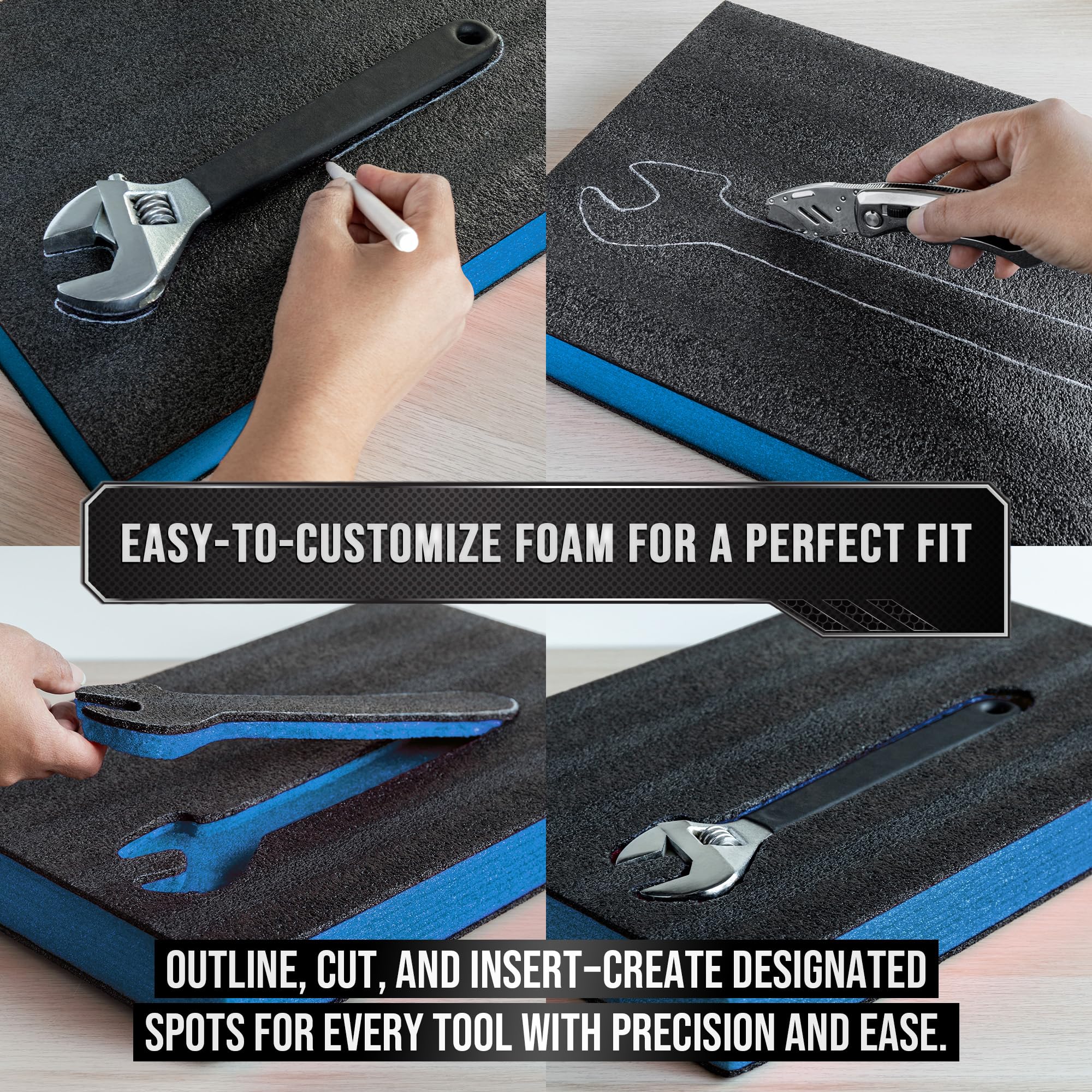 Precision Defined Tool Box Foam - Protective Inserts for Cases, Polyethylene Tool Foam for Cases, Cushion Insert for Toolboxes - 18" Black/Blue (3 pack)