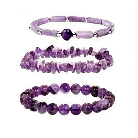 3Pcs Purple Beaded Stretch Bracelet Set, Irregular Chip & Round Bead Stackable Bracelets, Fashion Layered Wrist Jewelry for Women Daily Outfit
