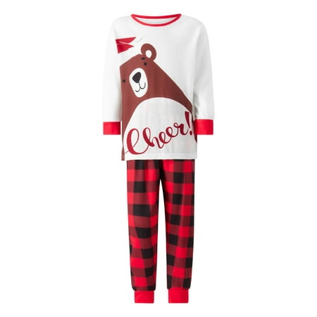 

Genuiskids Christmas Family Matching Pajamas Set Long Sleeve Cartoon Bear Print Tops +Plaid Pants