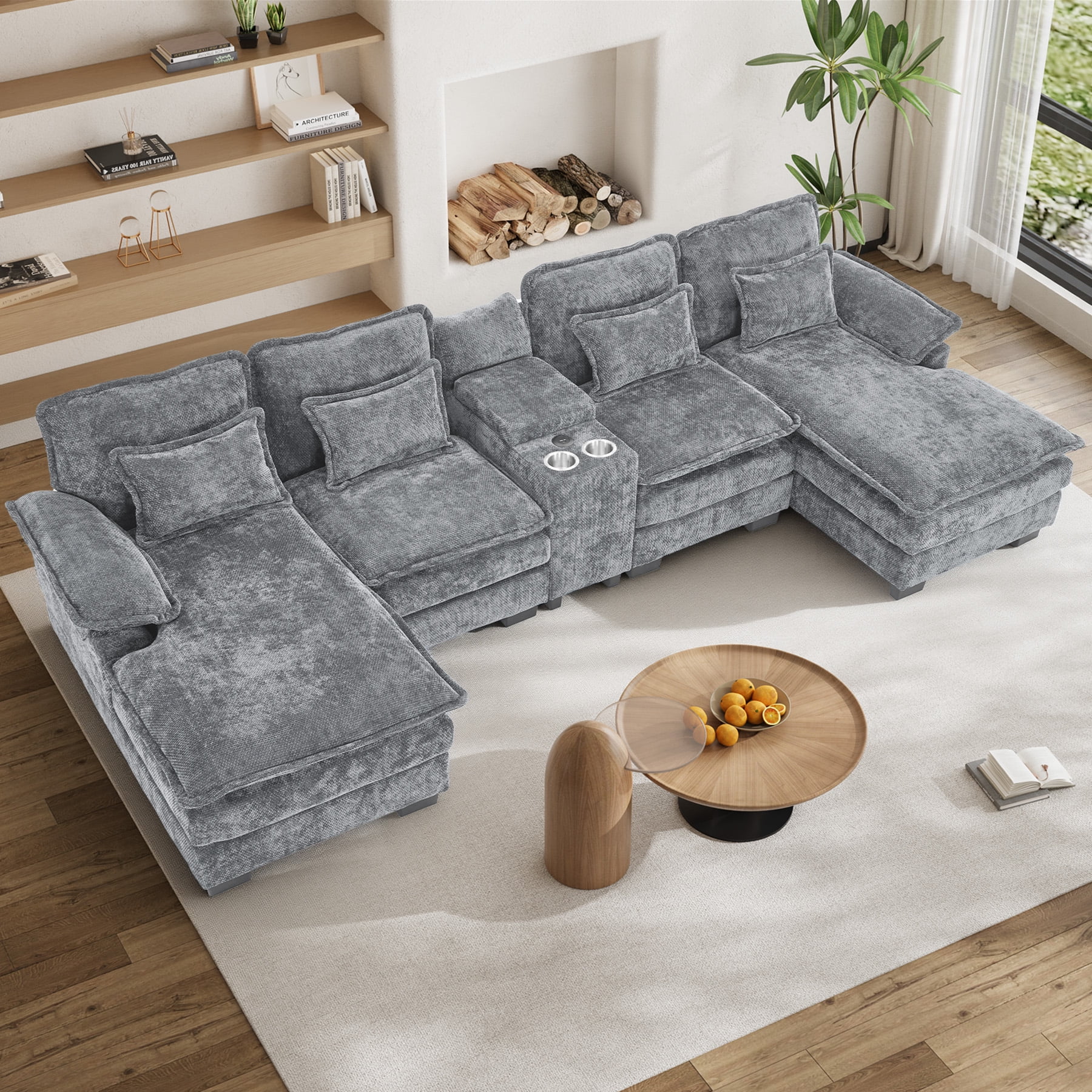 Wiilayok 133" U Shaped Cloud Couch Modular Sectional Couches for Living Room Fluffy Chenille Deep Seat Sofa Set with Double Chaise Lounge, Storage Central Console, Cup Holders, USB Port, Storm Gray