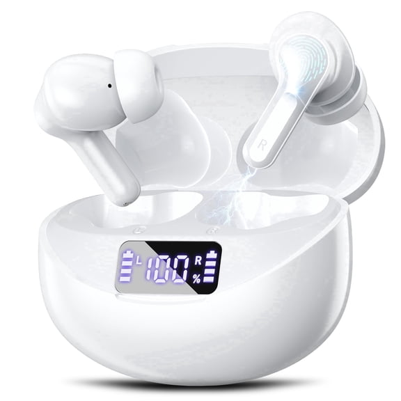 Wireless Earbuds Bluetooth 5.4 HiFi Stereo Headphones with Noise Cancelling Mic, 50H Playback In Ear Buds with LED Digital Display, IPX7 Waterproof Earphones for Office/Running/Workout (White)