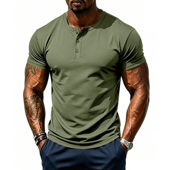 Men's Short Sleeve Henley Shirt Athletic Slim Fit Button Down Tops Casual Workout Tee (Army Green,XL)