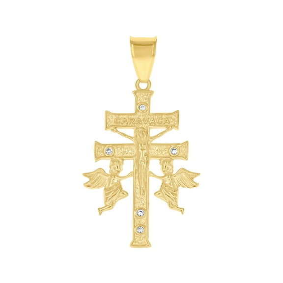 10k Yellow Gold Unisex Cubic Zirconia Caravaca Cross Religious Pendant Necklace 33.4x17.5mm Wide Pendant for Women