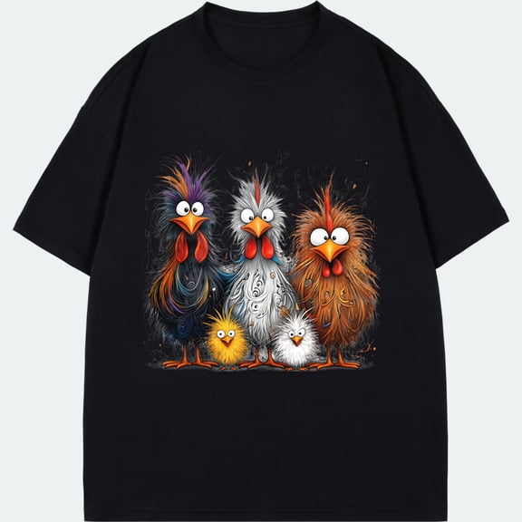 Crewneck T Shirt Black Colorful Rooster And Chicken Family Print Casual Wear For Men Women Unisex Streetwear Fashion Top