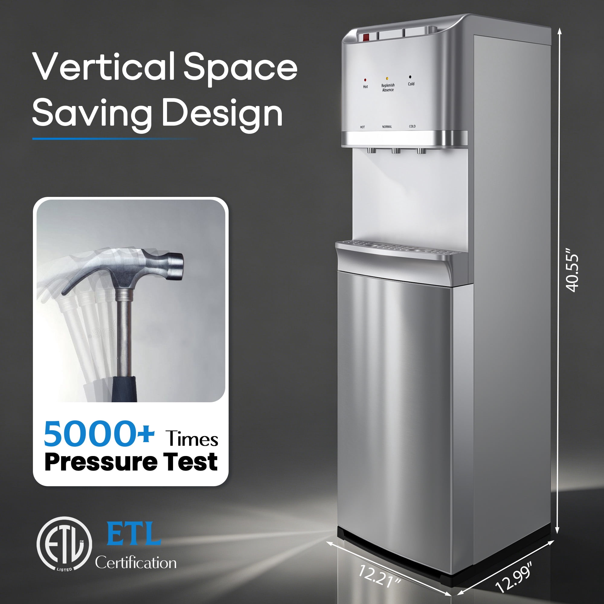Nepsam Bottom Loading Water Cooler Dispenser - Hot, Cold & Room Temperature Water, 3 Spout Vertical Water Dispenser for 5 Gallon Bottles, Stainless Steel Design for Home & Office