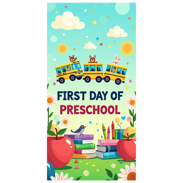 Colorful Preschool Themed Backdrop Banner with School Bus Books Apples Sun and Clouds for First Day of Preschool Party Decorations Photography Props Classroom Decor Background