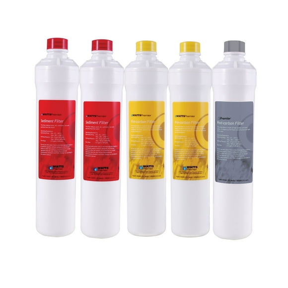 Watts Premier Trousse de Filtration Annuelle RO Pure Plus, Lot de 5, pour Système d'Osmose Inverse Pure Plus/Zero Pure Plus à 4 Étapes, Remplacement de Filtre à Eau à Bouton-Poussoir, 2 Filtres à Sédiments,
