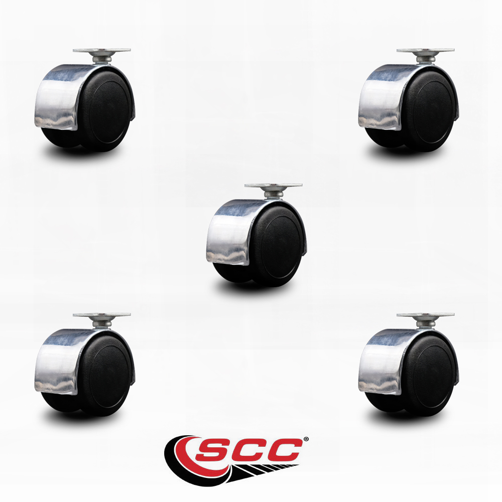 2 Inch Floor Safe Chrome Hooded Twin Wheel Caster Top Plate Set of 5 SCC