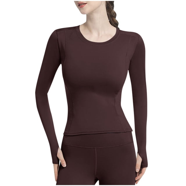 ShomPort Hauts de Yoga pour Femmes Séchage Rapide Manches Longues Col Rond Extensible Élastique Blouses avec Trou pour Pouce T-Shirts Athlétiques Doux
