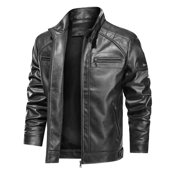 Tiweut Casual Leather Jackets Mens Mens Fall Winter Long Sleeve Zipper Side Pockets Sports Standing Collar Coat Blouses Black,L