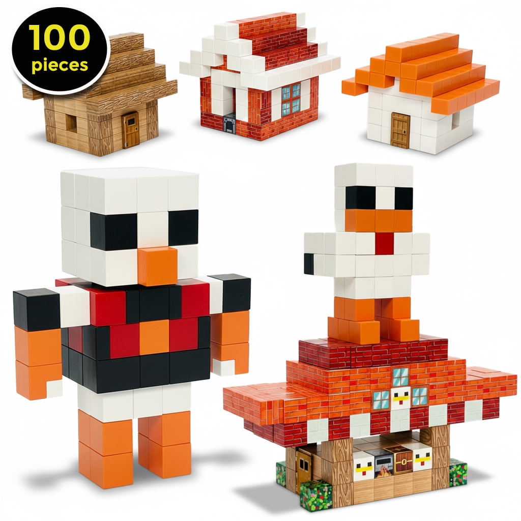 uMadeUs Magnetic Blocks Building Set - Puzzle Cubes as STEM Toys for Kids - Toddlers Sensory Construction Tiles - Ages 3+ Creative Educational Games for Boys and Girls - 100-pc Lava Chicken Theme