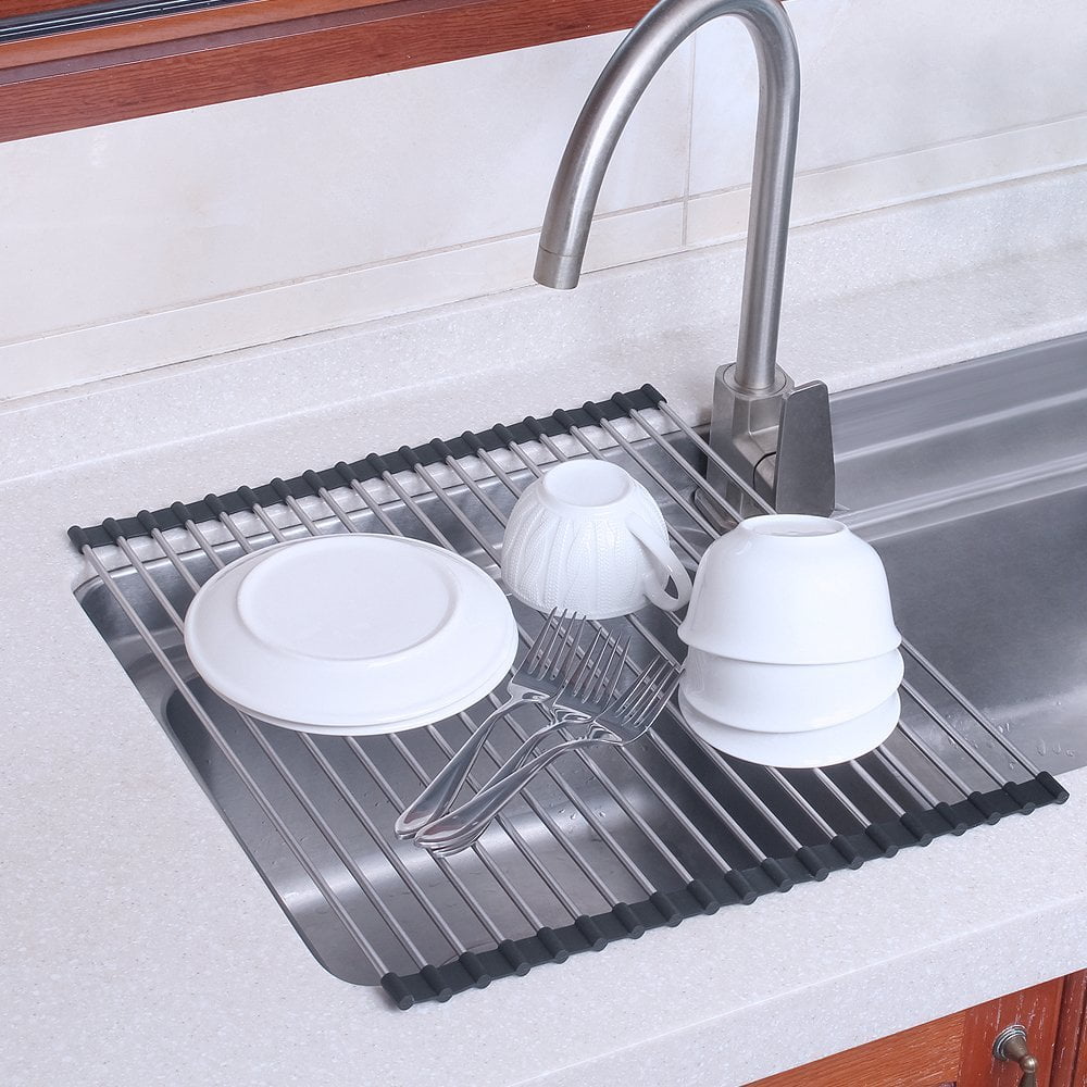  Roll Up Dish Drying Rack, Over The Sink Dish Drying Mat, Large  Silicone Stainless Steel Dishes Drainer, Foldable Drain Rack for Kitchen  17.8 L x 11.3 (Gray): Home & Kitchen