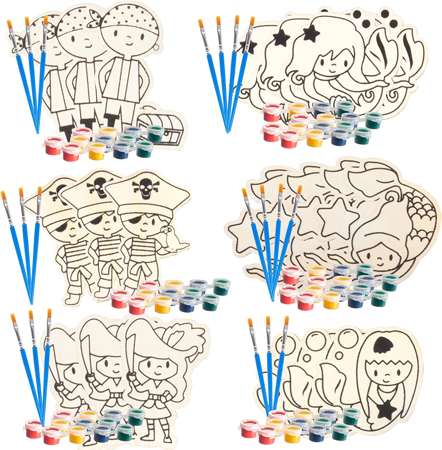 Valentines Cards for Kids Classroom -Mermaid & Pirate Wood Painting Kits (24ct)-Great Gifts for Kids School Exchange -Each Valentine has Craft, Paints, Brush & Sticker for Boys & Girls