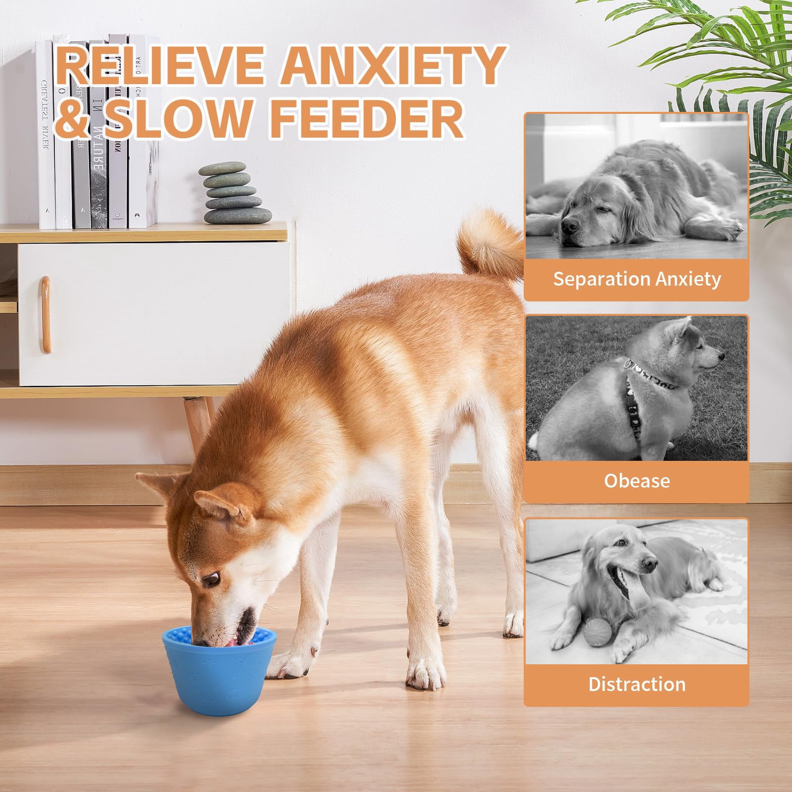 Dog Lick Bowl, Anxiety Relief Slow Feeder Treat Dispenser, Silicone Anti-chocking Pet Dish, Non-Slip Dog Licking Bowl Interactive Entertainment Puzzle Toy for Small & Medium-Dark Blue
