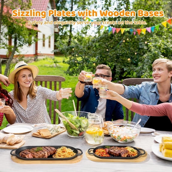 Cast Iron Skillet Set 2 PCS Fajita Plate Sizzling Pan with Wooden Base Removable Handle for Outdoor Grilling BBQ Kitchen Cooking