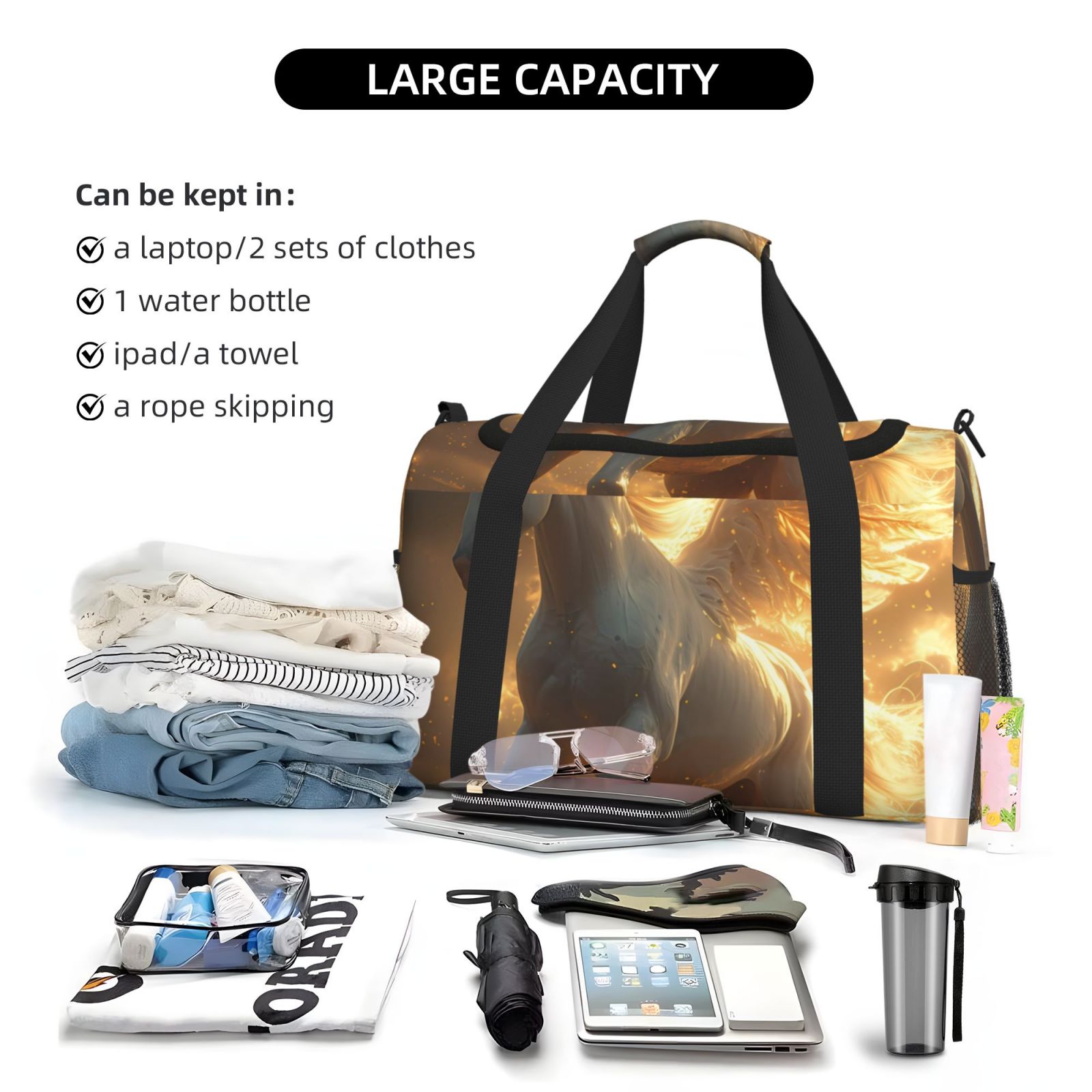 Kdxio Golden Winged White Horse Travel Duffel Bag Gym Bag Weekender Travel Bag Gym Bag for Women &Men Airplane Travel Essentials for Flying