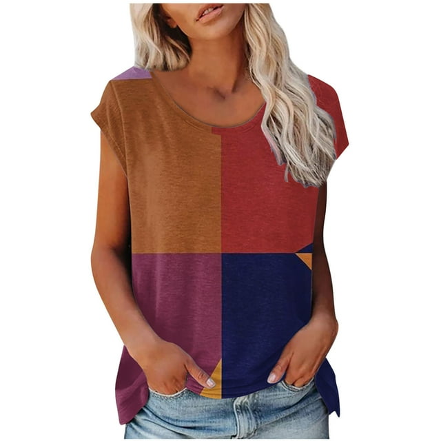 EQWLJWE Hauts d'Été pour Femmes Hauts pour Femmes Liquidation Mode Femmes Mode Manches Courtes Col Rond T-shirt Imprimé Blouse Hauts Amples