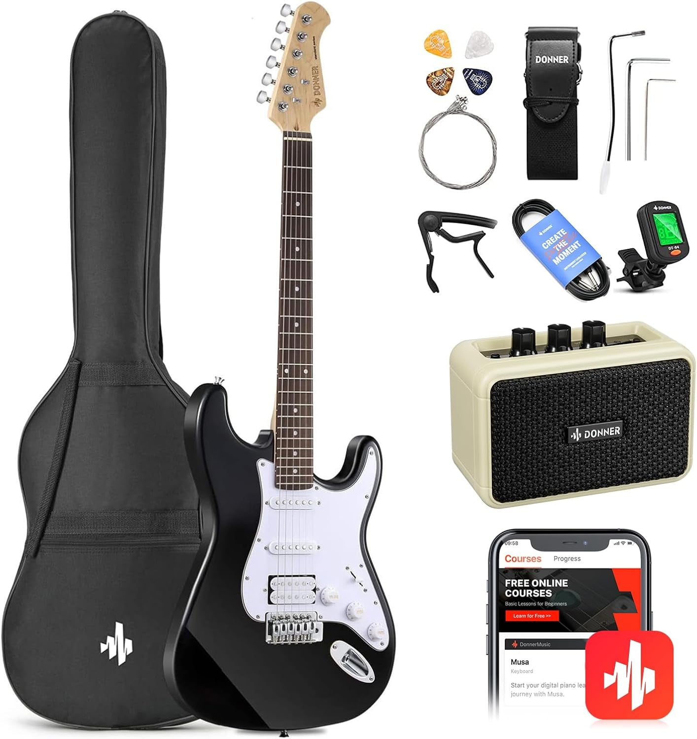 Donner DST-100B 39in Electric Guitar Beginner Kit Black