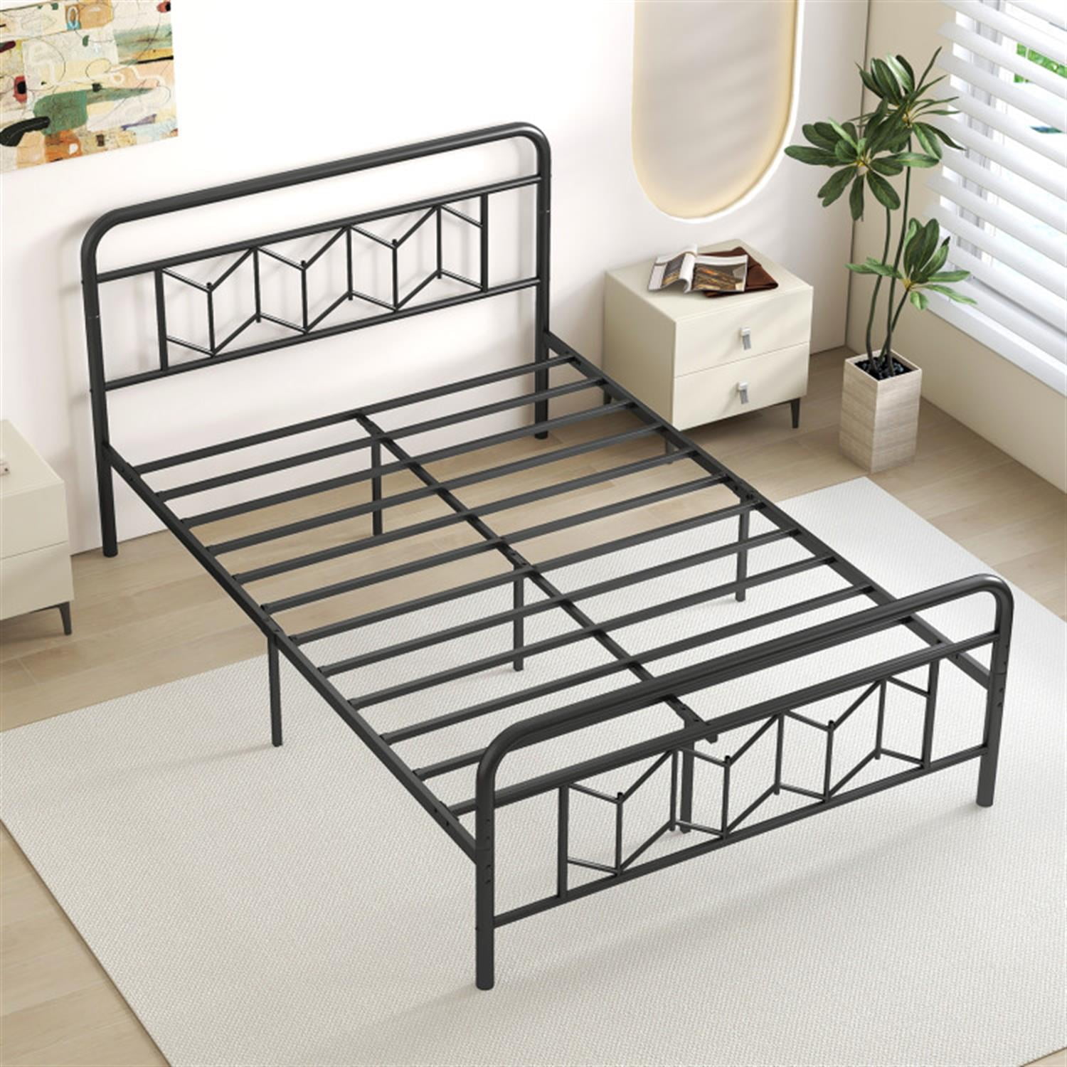 Demi Bonn Full Size Bed Frame with High Headboard and Snap Lock Metal Slats, Platform Bed Frame with Under Bed Storage, No Box Spring Needed, Black