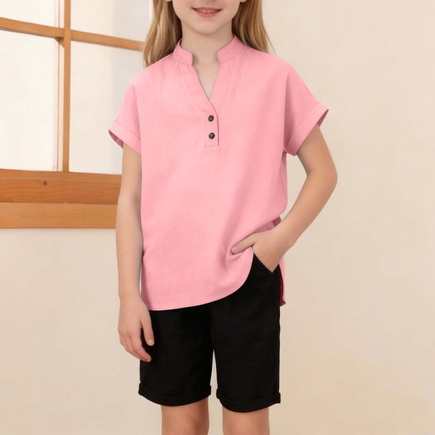 Camisa de verano para niñas, con botones sólidos, cuello en V, holgada, blusa con abertura lateral, blusas de algodón y lino para niñas