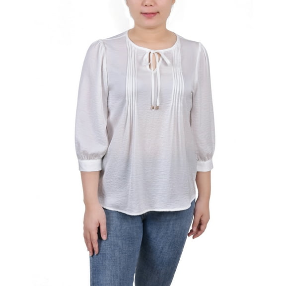 NY Collection Womens Pleated Peplum Blouse, White, Petite, P/PS