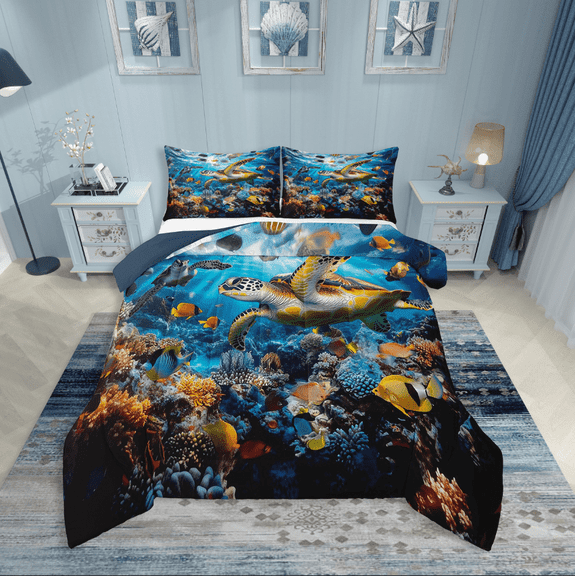 Erosebridal Sealife Turtle Comforter Sets,Underwater World Comforters & Duvets,Marine Animal Bedroom Decor,Reversible,Breathable,2pcs