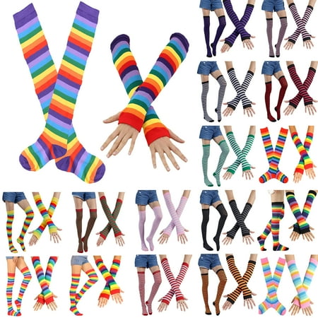 

Foraging dimple Fashion Striped Cotton Long Tube Seven Rainbow Gloves + Socks Combination Blue