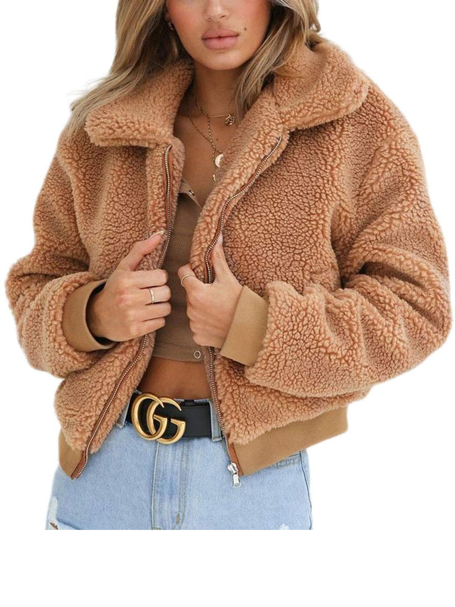 Womens Thick Warm Teddy Bear Pocket Fleece Jacket Coat Zip Up Outwear ...