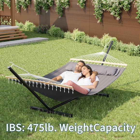 Hammock with Stand Heavy Duty, Double Hammock for 2 Persons Extra Wide Outdoor Bed 450LBS Capacity, Portable Freestanding for Patio Backyard Garden, Upgraded Dark Grey