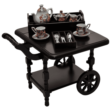 Wooden American Style Drop Leaf 18 Inch Doll Tea Cart, Fine China Tea Set + Silver Utensils, 18