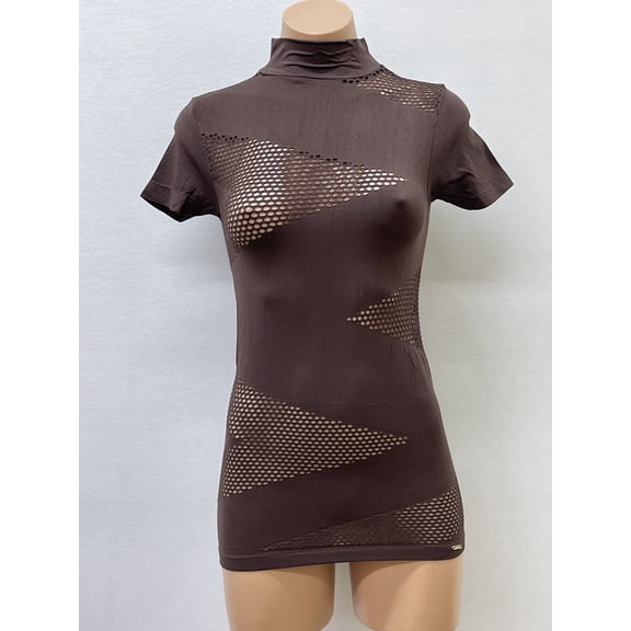 Women Seamless Short Sleeve Mock Neck Mesh Design Texture Material Blouse Top Stretch Tee Shirts