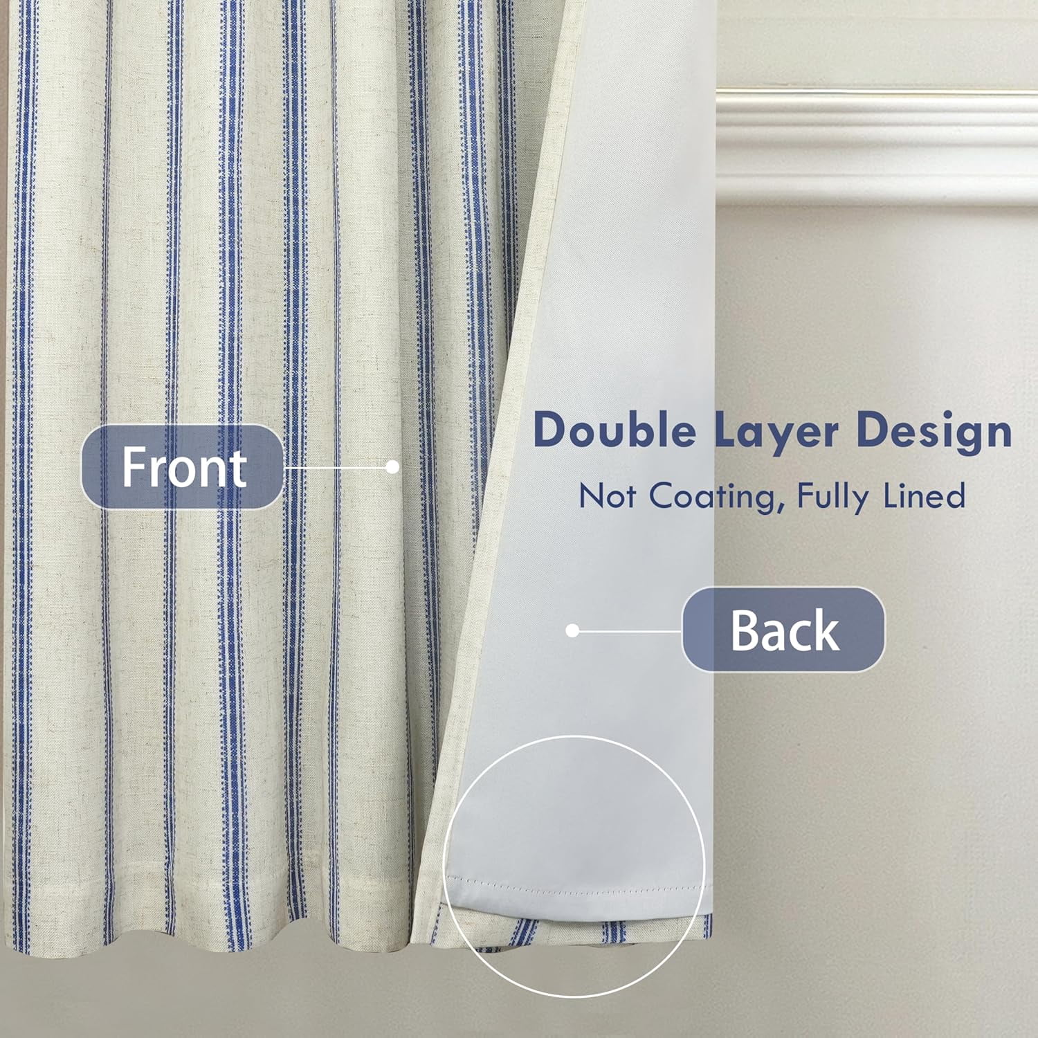 DriftAway Farmhouse Linen Blend Blackout Curtains for Bedroom Double Layers Striped Printed Linen Curtains Thermal Insulated Rod Pocket Back Tab Treatment for Living Room 2 Panels W52 x L72 Navy