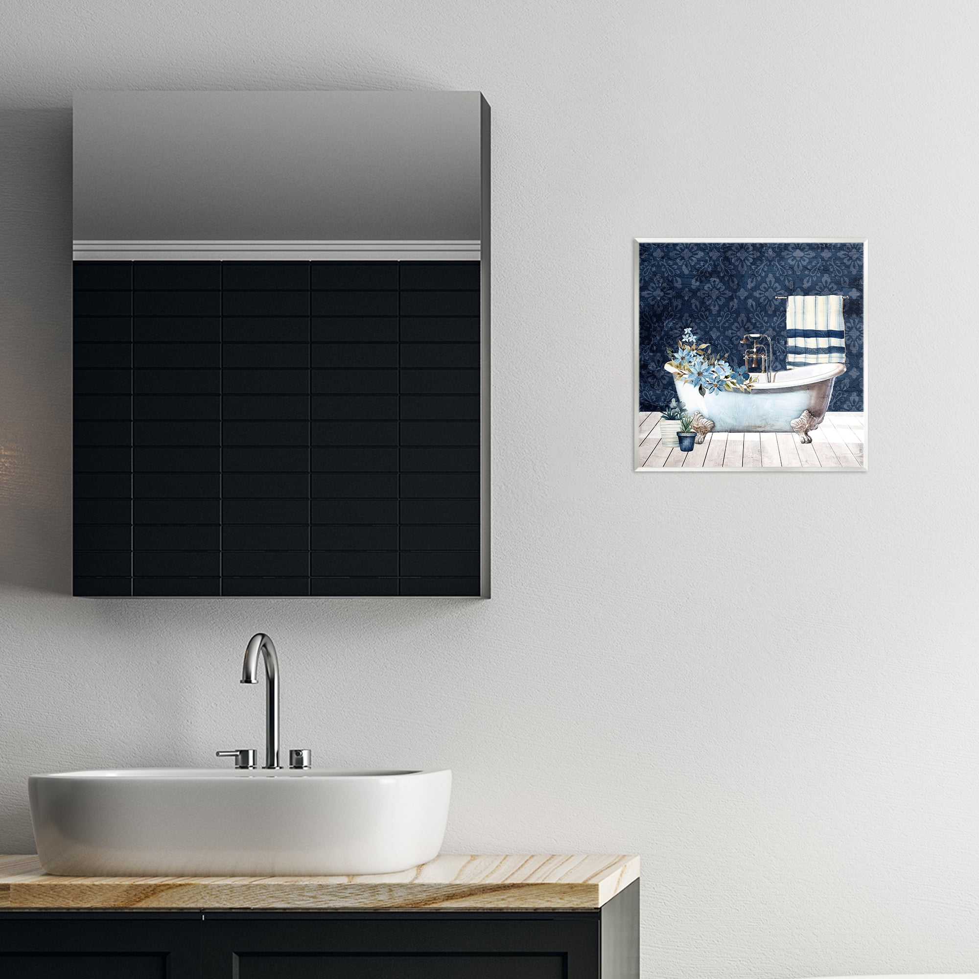 Stupell Industries Blue Damask Bathroom Bath & Laundry Painting Unframed Art Print Wall Art, 12 x 12
