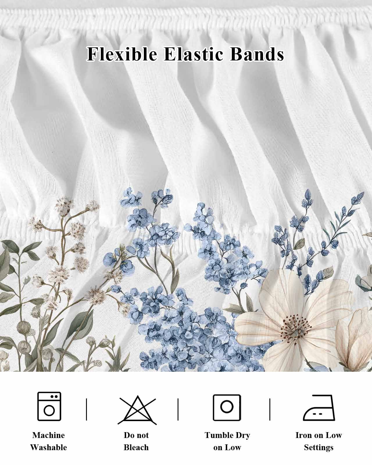 Blue Floral Spring Wrap Around Bed Skirts for Queen Bed 18" Drop,Bed Skirt with Adjustable Elastic Belt Dust Ruffle Bed Valance for Bedroom Hotel Vintage Summer Botanical Flower Bed Frame Cover