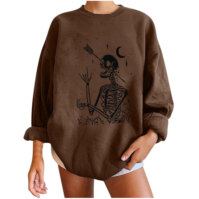 Sudadera extragrande de lana de manga larga con cuello redondo y estampado de calavera para mujer Pompotops gfhjh16790