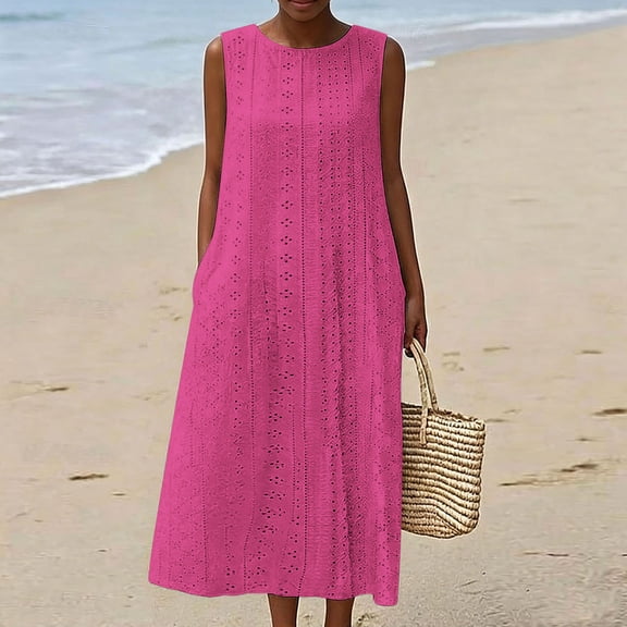 ClodeEU Women's Crew Neck Sleeveless Eyelet Embroidery Midi Dress,Summer Casual Loose Dress with Pocket Hot Pink,Women's Plus L
