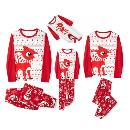 

Christmas Family Matching Pajamas Set Xmas Deer Snowflake Print Long Sleeve T-Shirt Pants Outfits Holiday Sleepwear