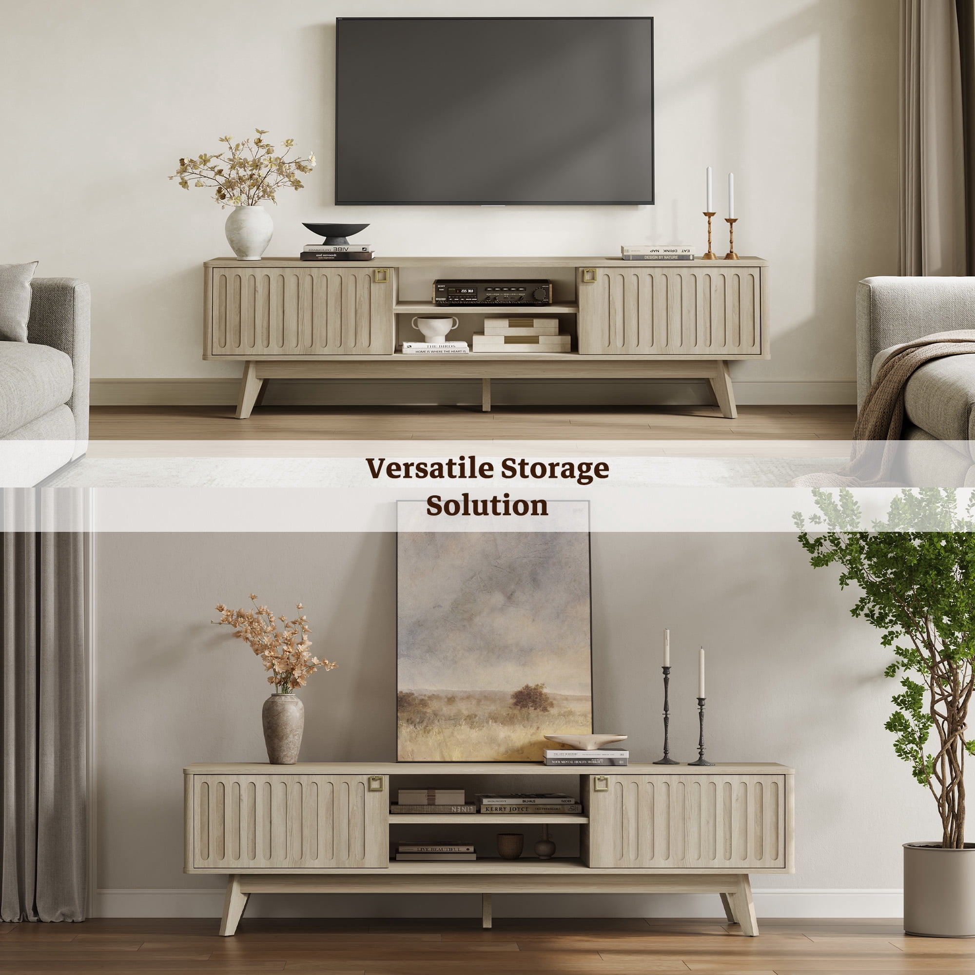 SICOTAS 70.1" Extra Long Modern TV Stand, Minimalist Console Table with 2 Fluted Doors, 3-Tier Storage Shelves, Long Entertainment Center for Living Room, Rustic Oak