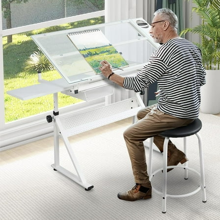 HiiKaa Tempered Glass Drafting Printing Table with Chair,Art Drawing Table with Adjustable Height Angle,2 Storage Drawers for Home Office,White